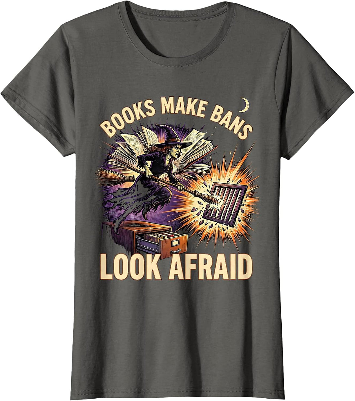 Women's Books Make Bans Look Afraid Comic Book Witch Halloween T-Shirt - Asphalt Grey