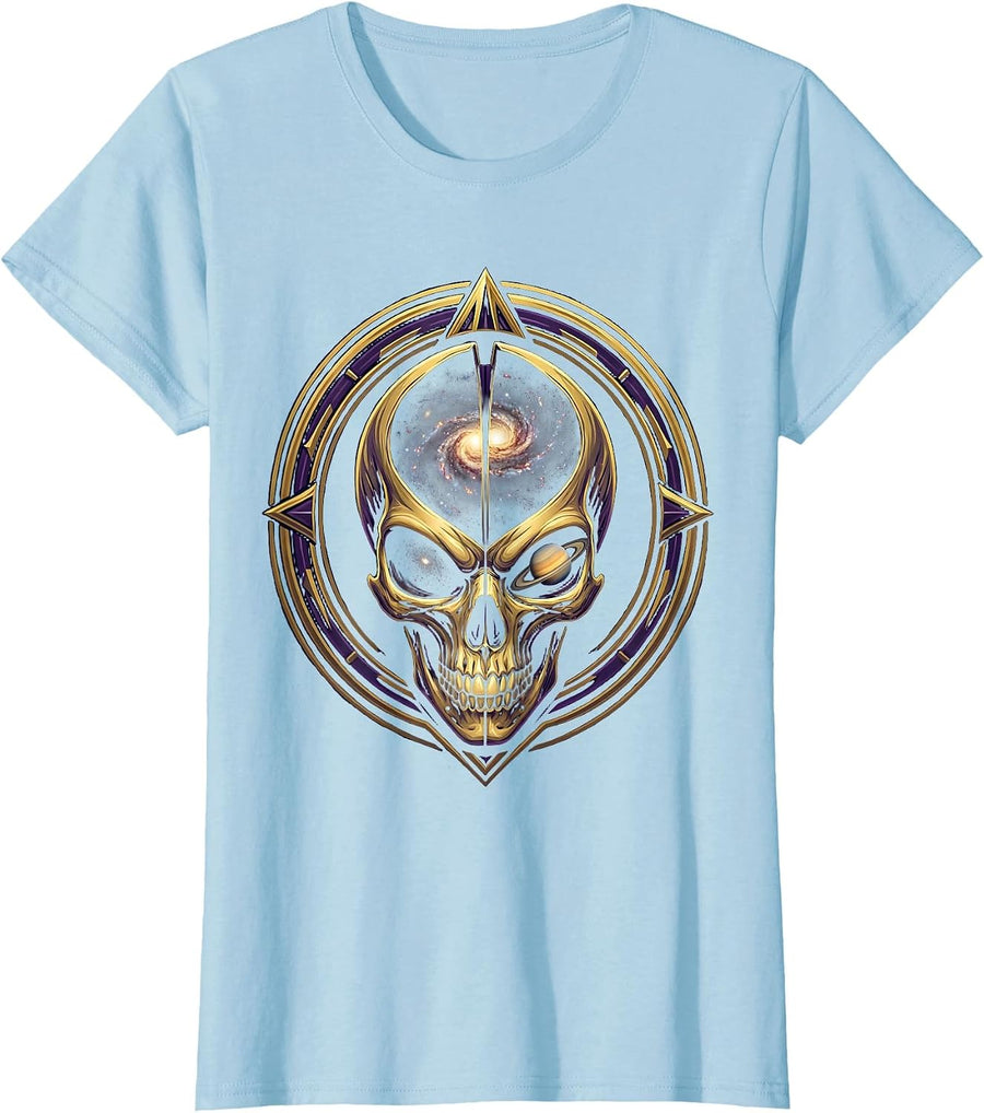 Women's Alien Head Galaxy Universe Cosmic Space Art T-Shirt - Baby Blue