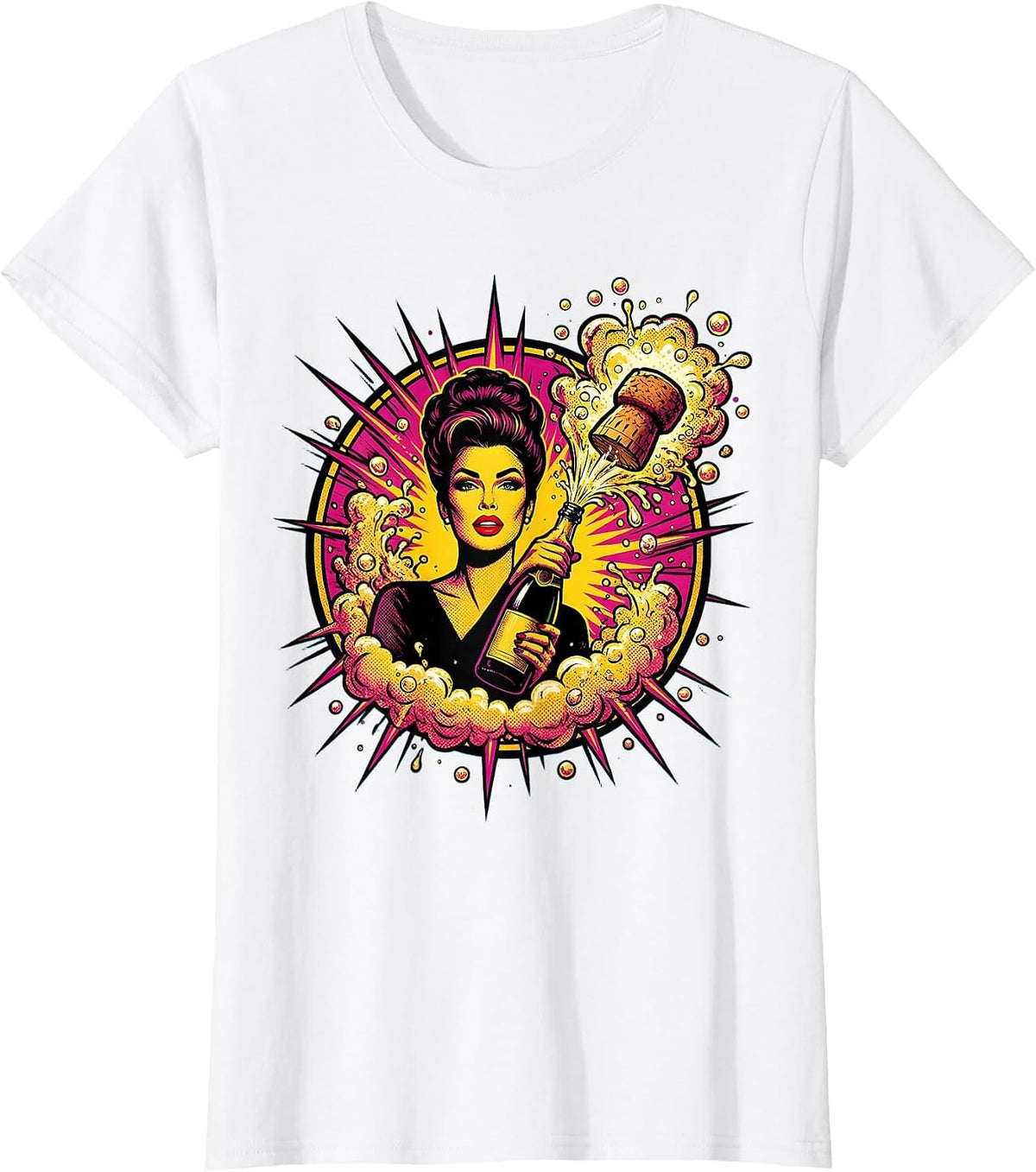 Champagne Pop Celebration Graphic Design T-Shirt - White