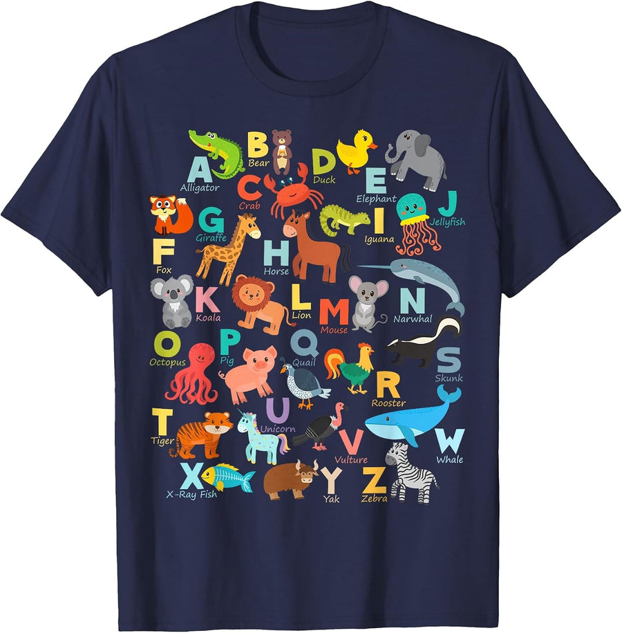 Alphabet Animal ABCs Learning Shirt for Boys, Girls, Adults T-Shirt - Navy Blue