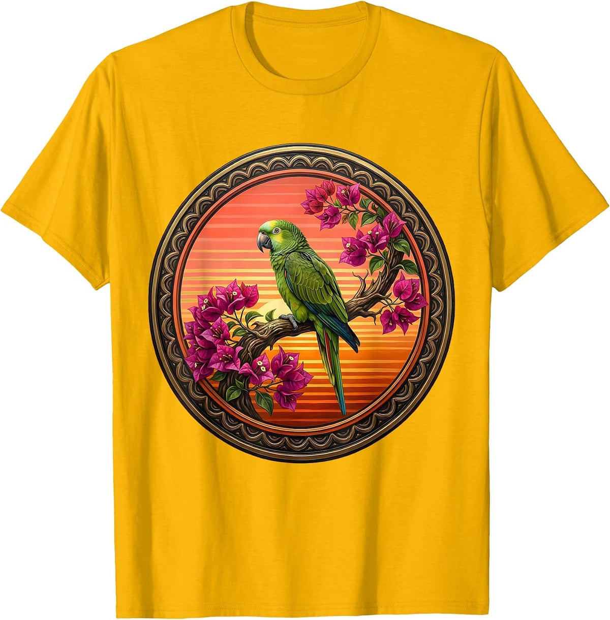 Parrot on Bougainvillea Mexico Floral Illustration T-Shirt - Golden Yellow