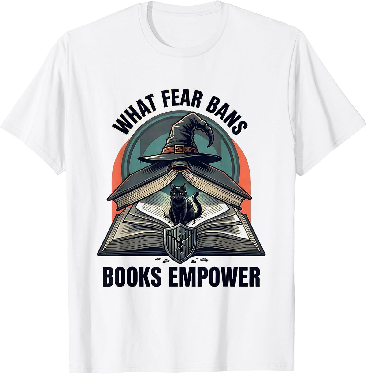 Men's What Fear Bans, Books Empower Flat Vector Witch Halloween T-Shirt - White