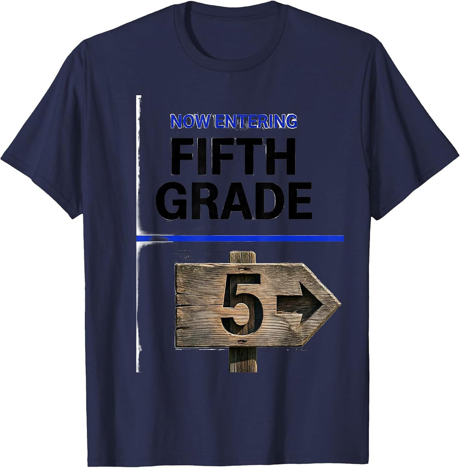 Now Entering Fifth Grade Playful Back To School Teacher Kids T-Shirt - Navy Blue