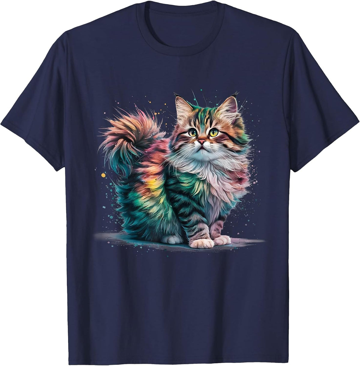 Cat Men Women Colourful Watercolour Cat T-Shirt - Navy Blue