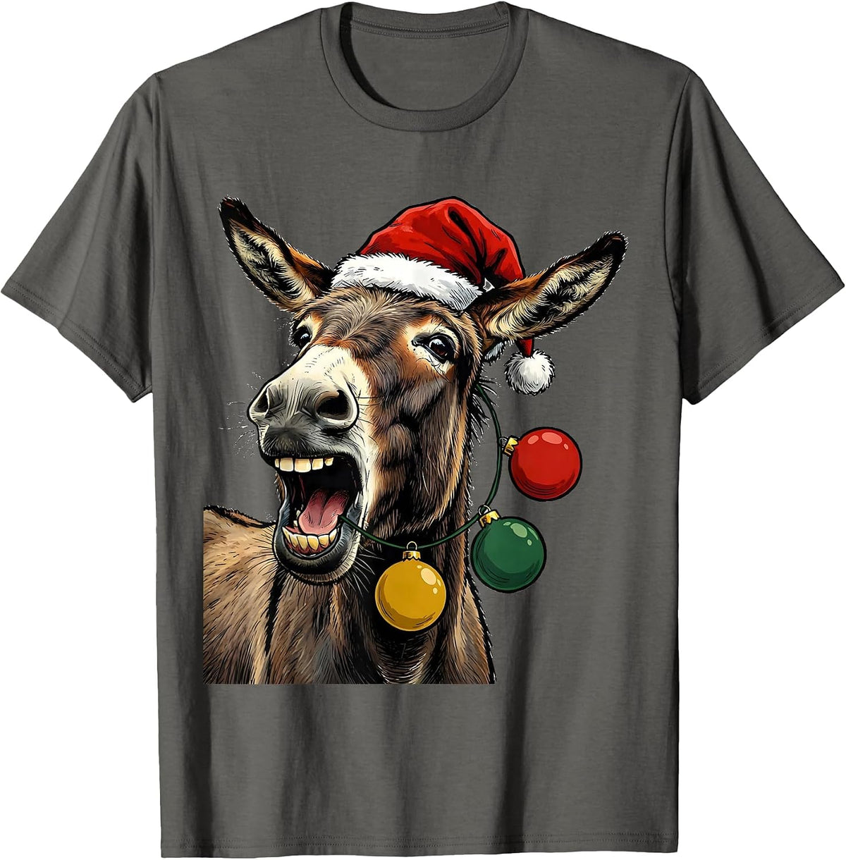 Men's Donkey Santa Hat Whimsical Farm Animal Christmas Novelty T-Shirt - Asphalt Grey