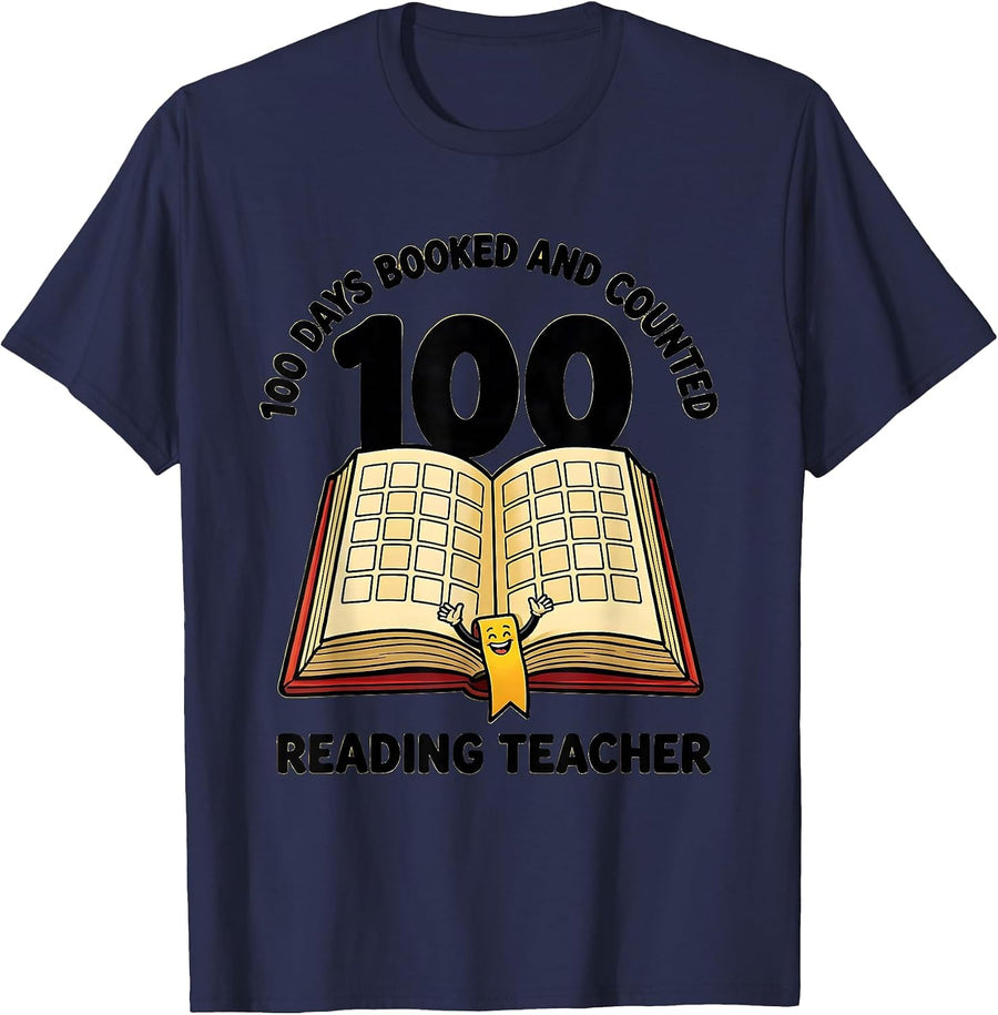100 Days Booked And Counted Reading Teacher T-Shirt - Navy Blue