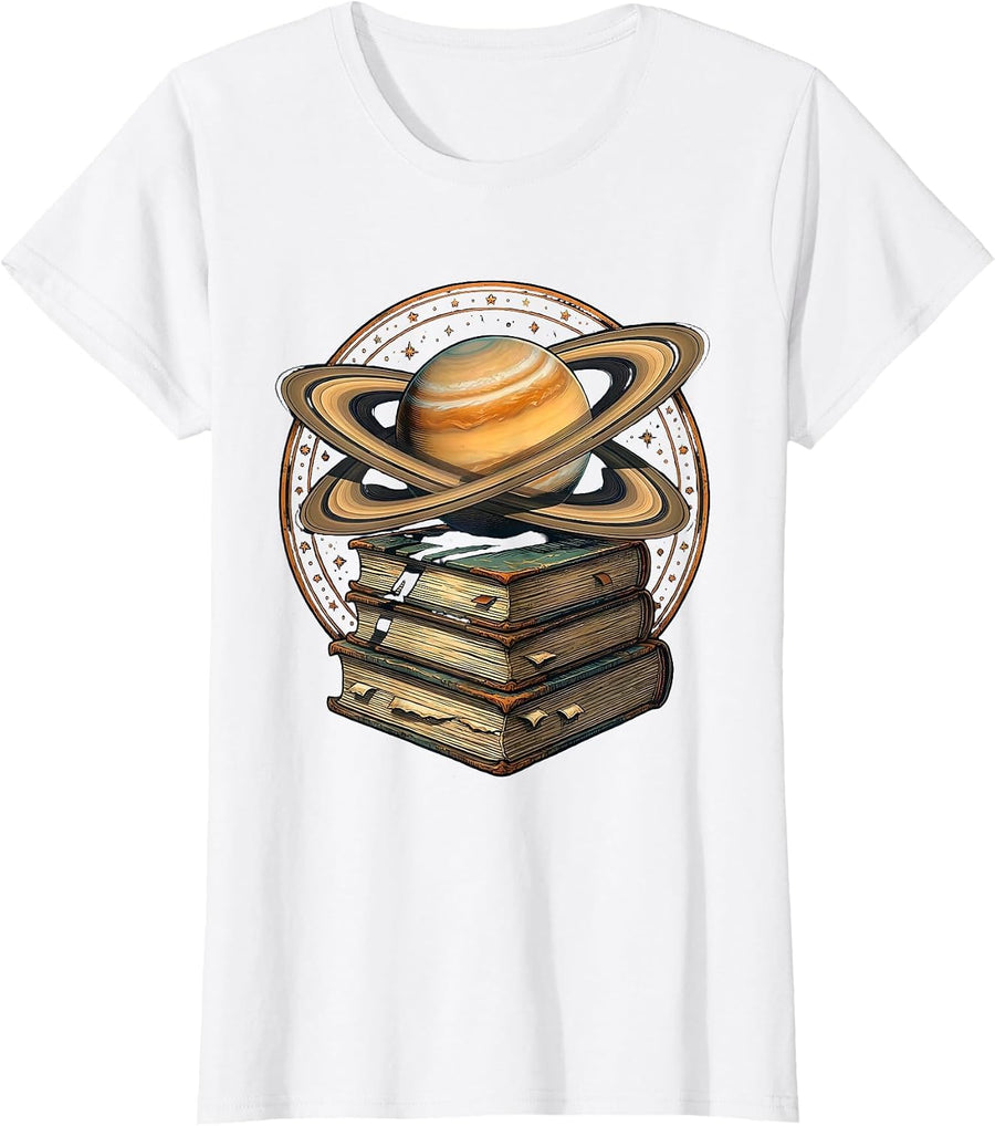 Women's Science Teacher Saturn Stacked Textbooks Graphic T-Shirt - White