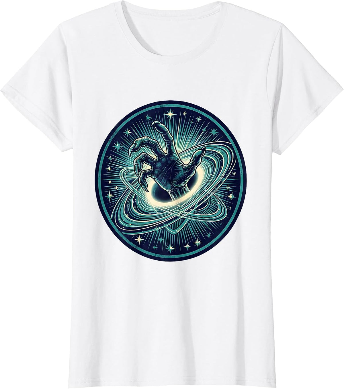 Women's Alien Hand Reaching Through Starry Portal T-Shirt - White