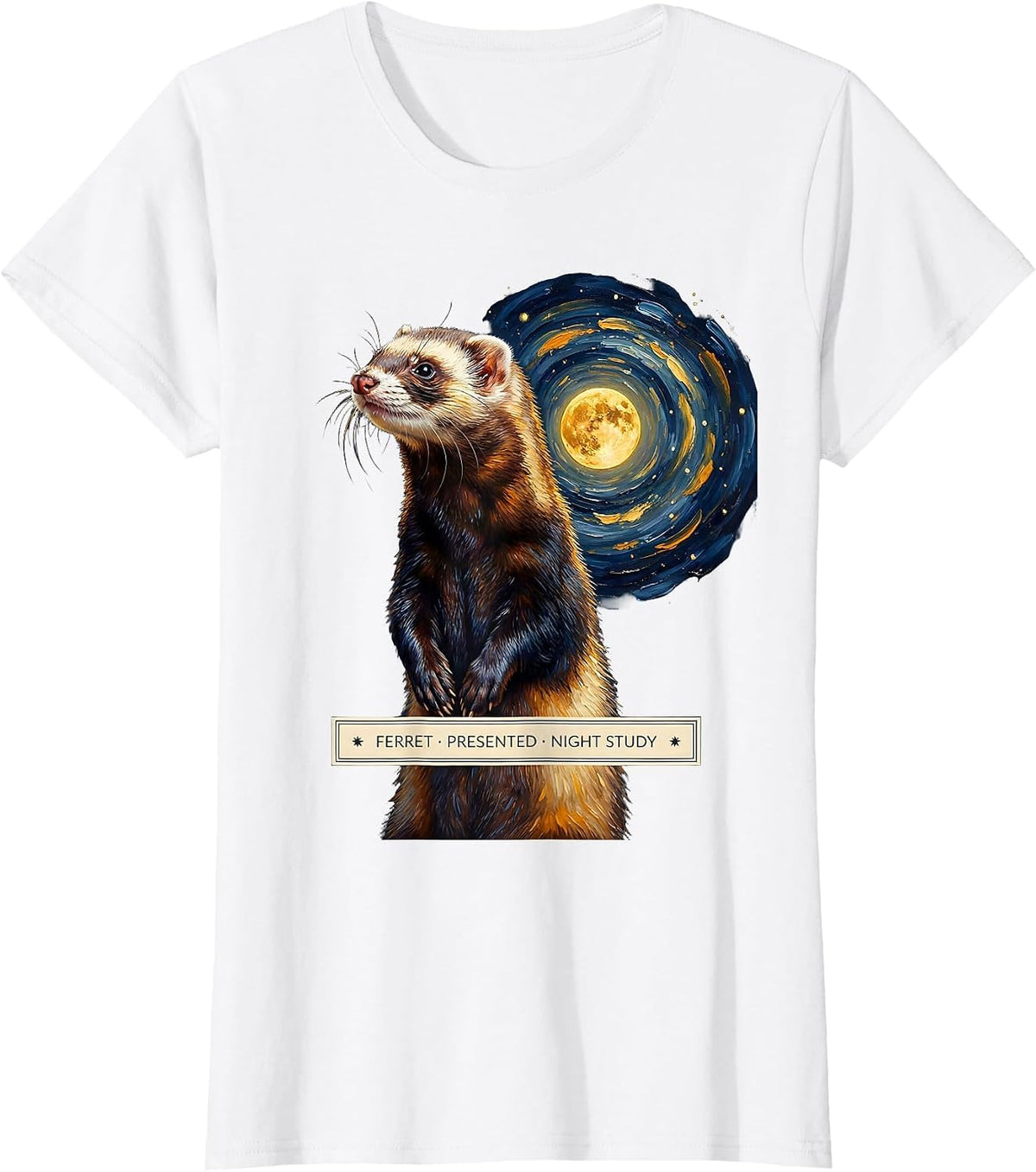 Ferret, Presented, Night Study Van Gogh Art Parody Pet Lover T-Shirt - White