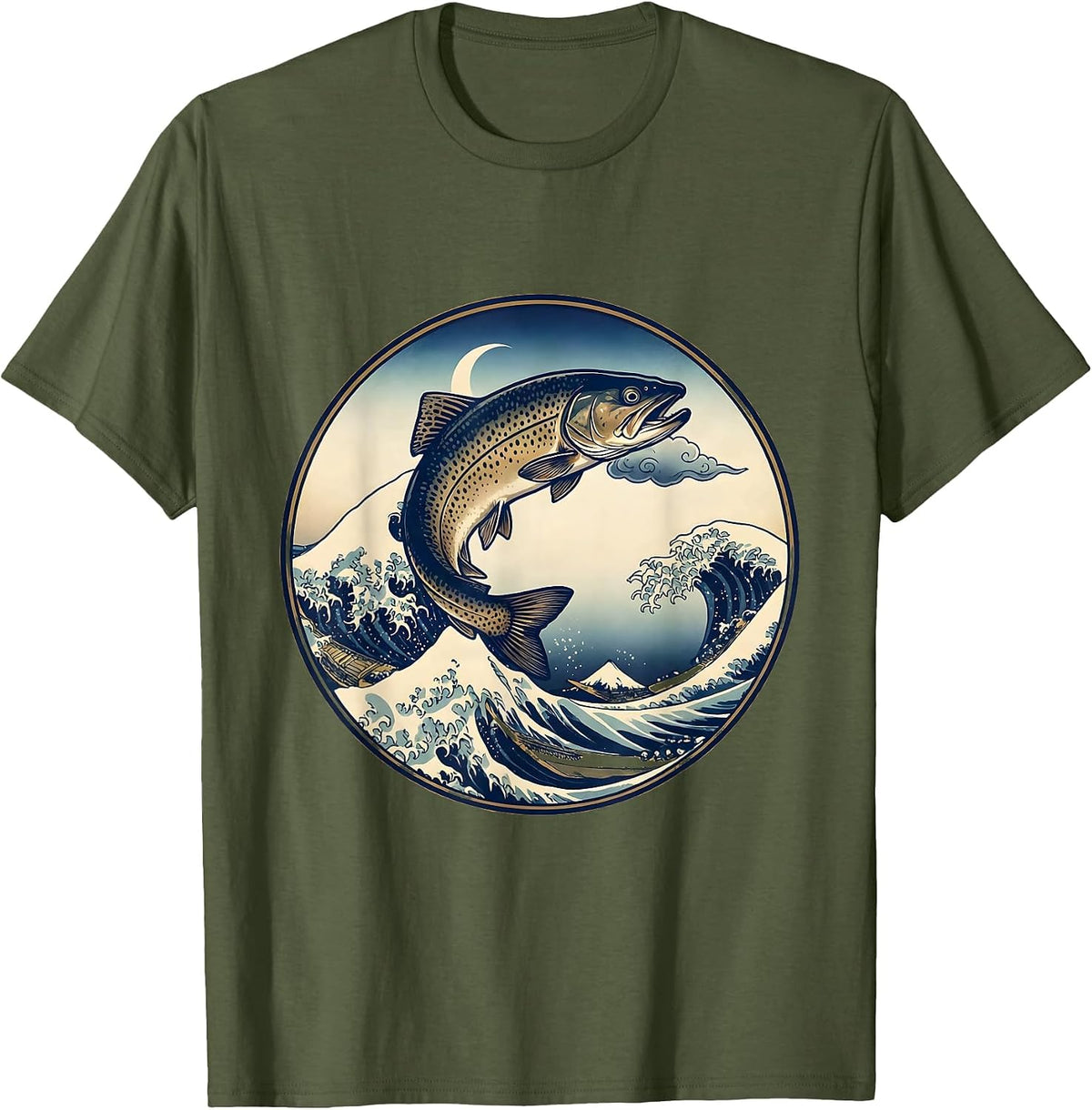 Men's Leaping Trout River Surface Fishing Illustration T-Shirt - Olive Green