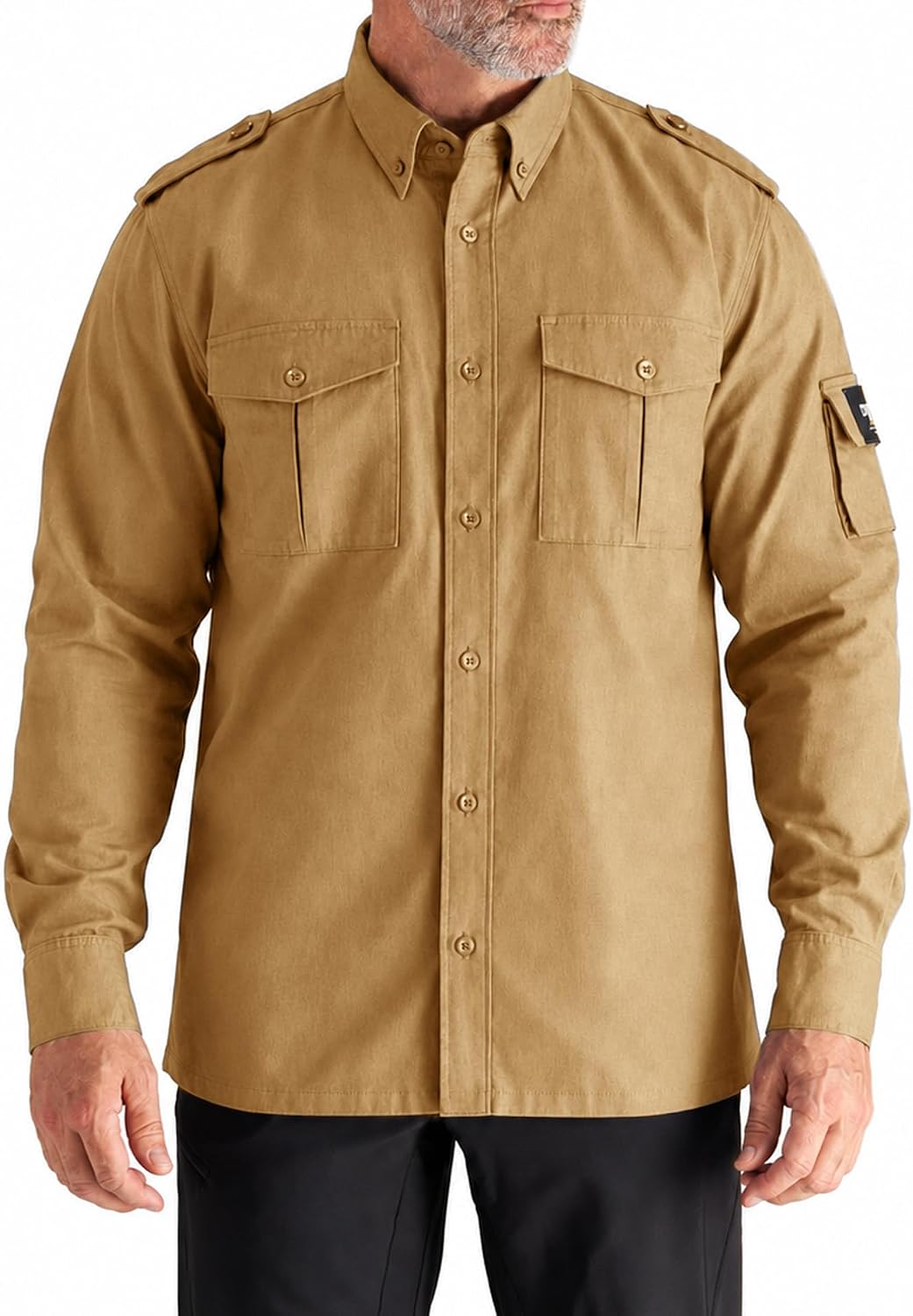 CHRONOLINE Long Sleeve Work Shirts for Men, Stretch Cotton Canvas - Camel Brown