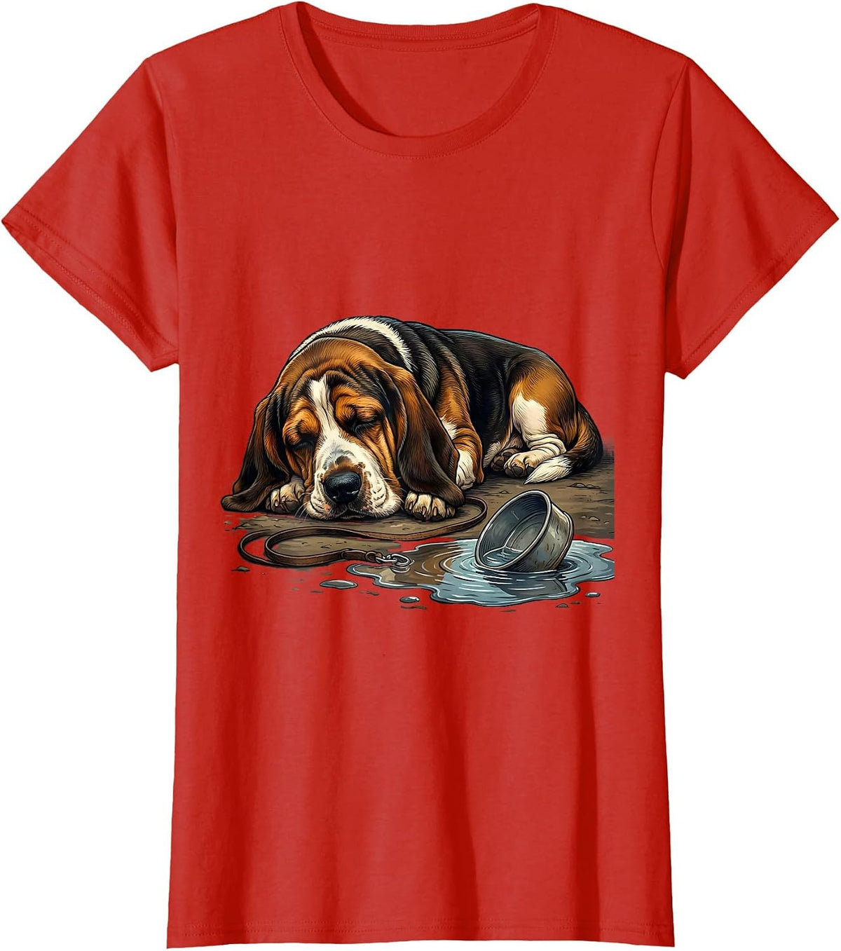 Women's Basset Hound Sleeping Beside Water Bowl Deadpan Humor T-Shirt - Red