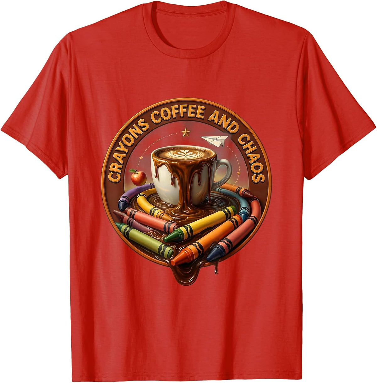 Men's Crayons Coffee and Chaos 2nd Grade Teacher T-Shirt - Red