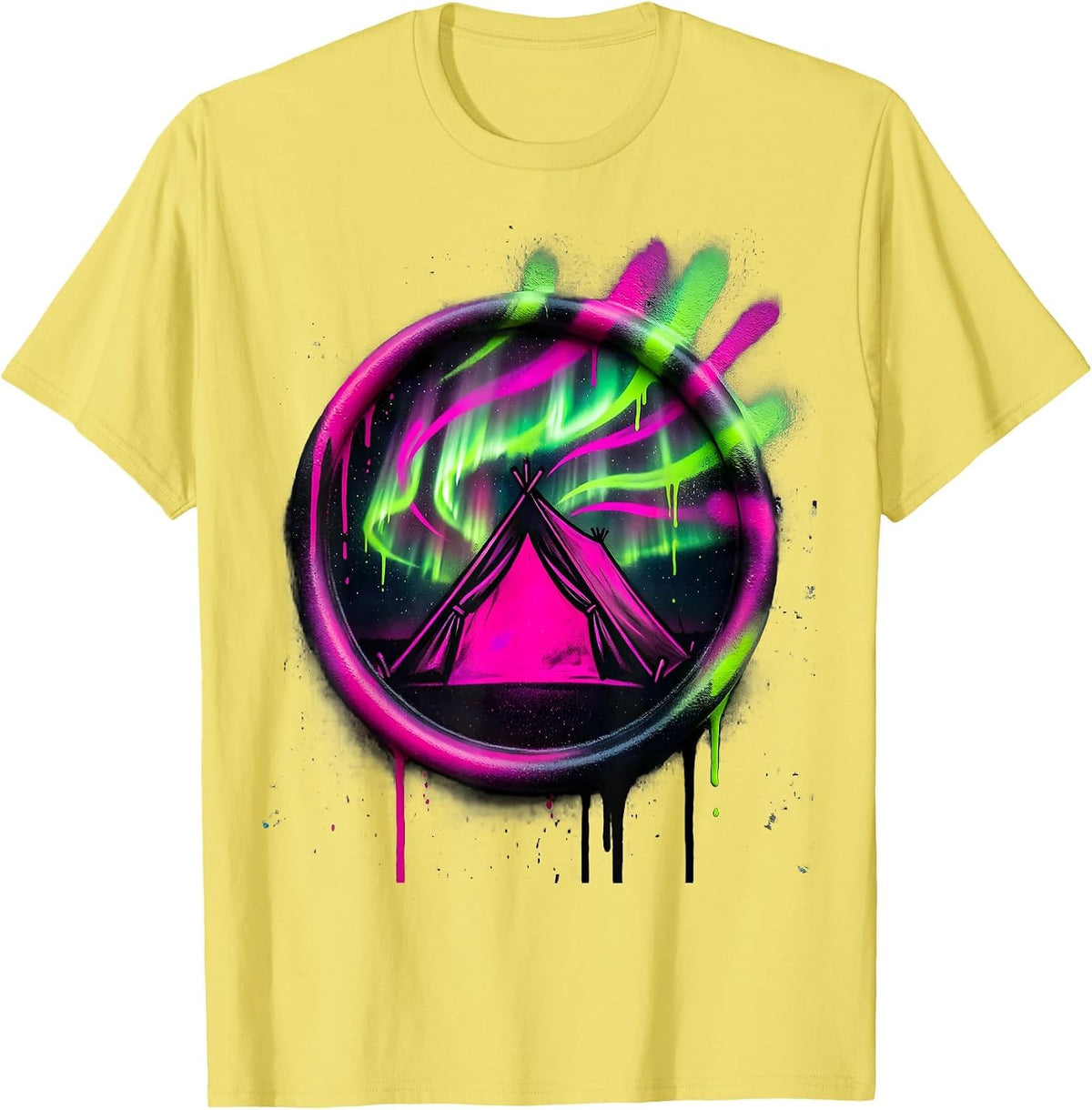Men's Northern Lights Lone Tent Camping Illustration T-Shirt - Lemon Yellow