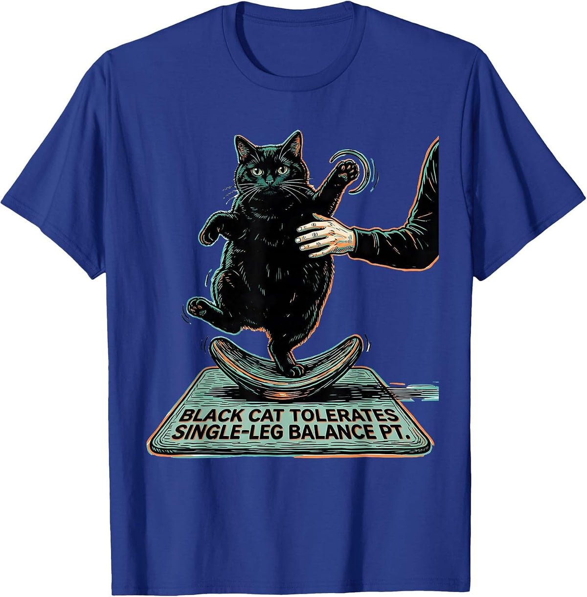 Black Cat Tolerates Single-Leg Balance PT Halloween T-Shirt - Royal Blue