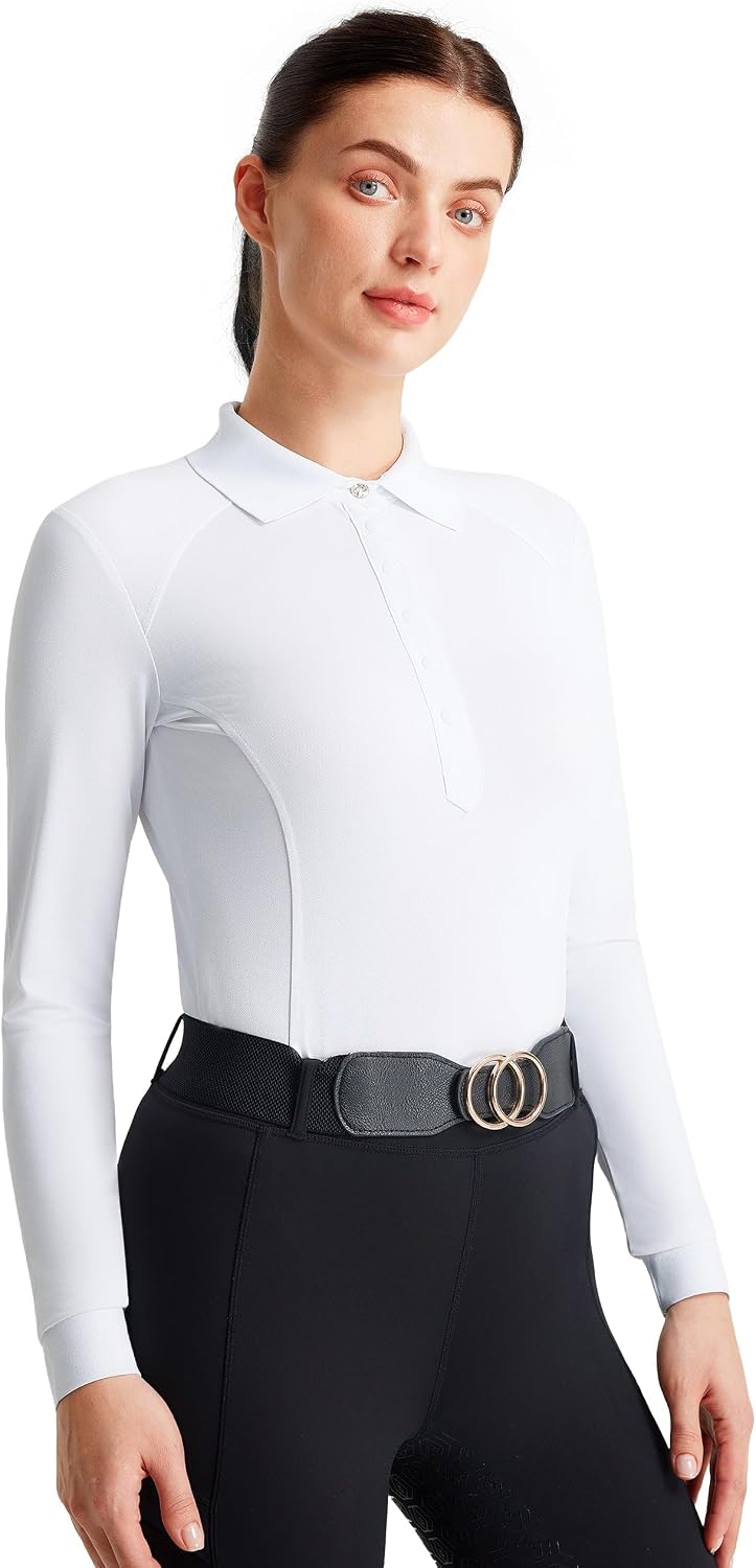 FitsT4 Sports Women Equestrian Shirts Long Sleeve Collared Polo Top UPF50+ - White