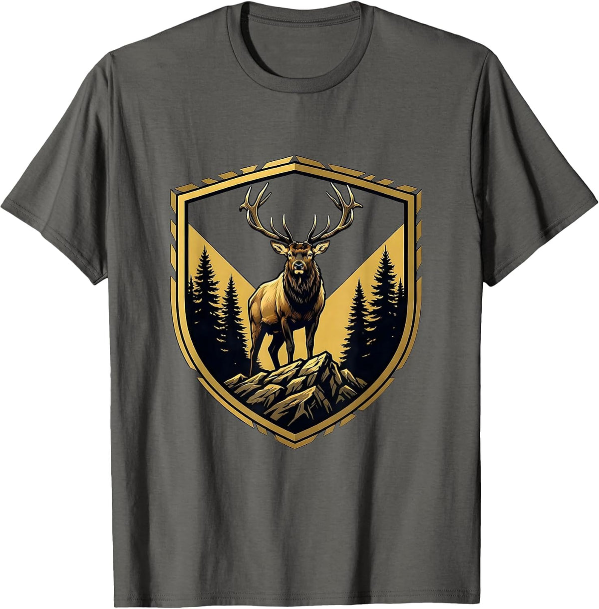 Elk on Rocky Ridge at Dusk Wildlife Illustration T-Shirt - Asphalt Grey