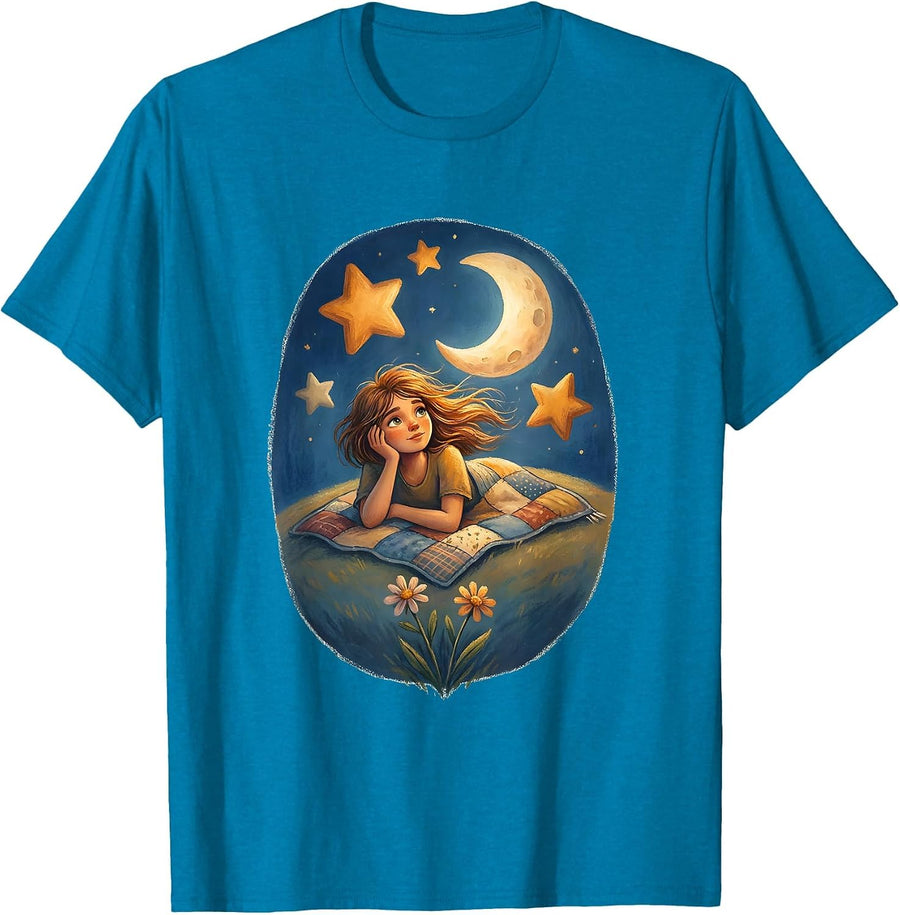 Sally Stargazing Hilltop Night Sky Illustration T-Shirt - Sapphire Blue