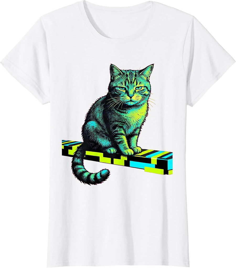 Women's Oversized Seated Cat Streetwear Meme Cat Lover Humor T-Shirt - White