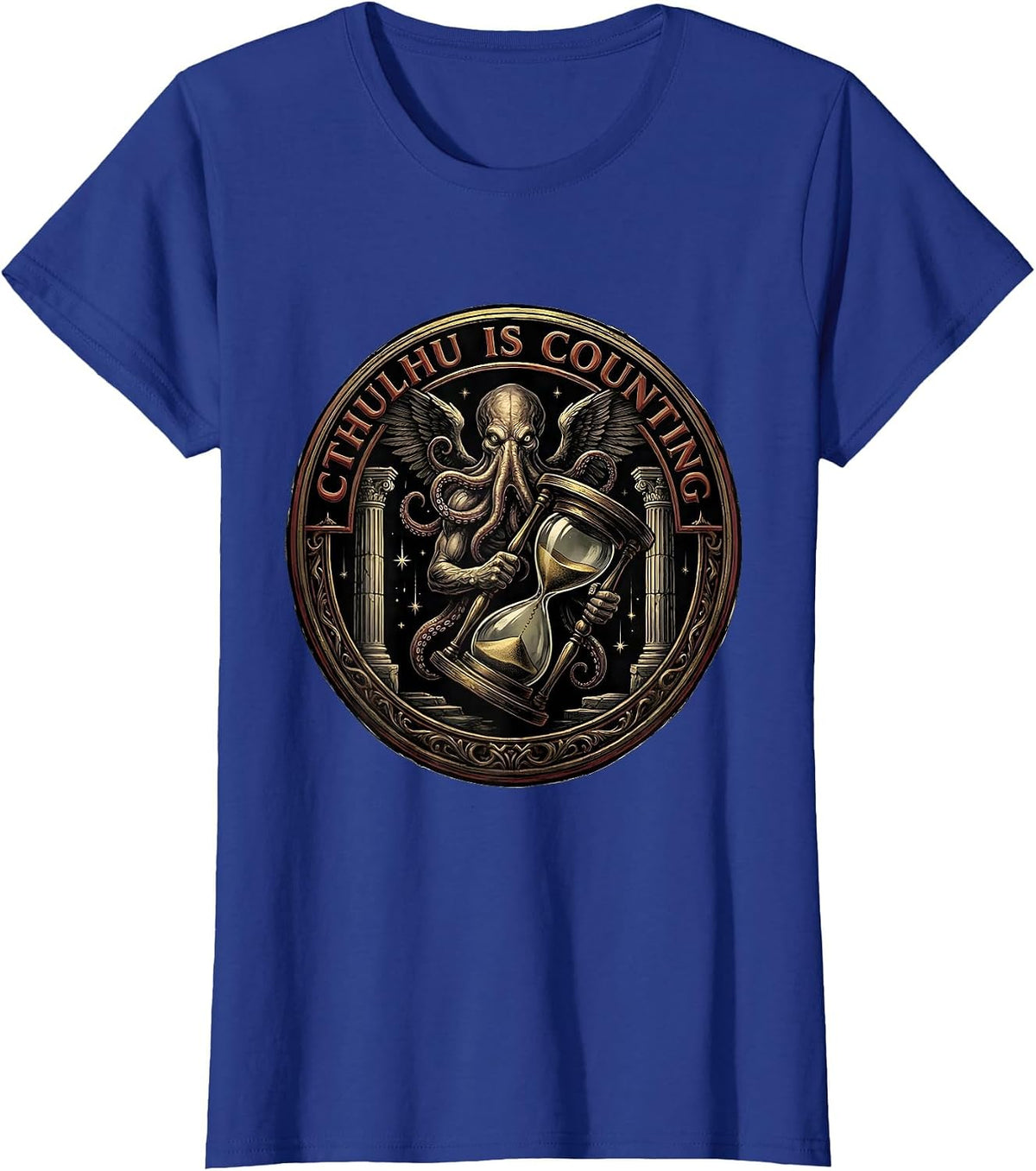 Women's Cthulhu Is Counting Cosmic Horror Parody Emblem T-Shirt - Royal Blue