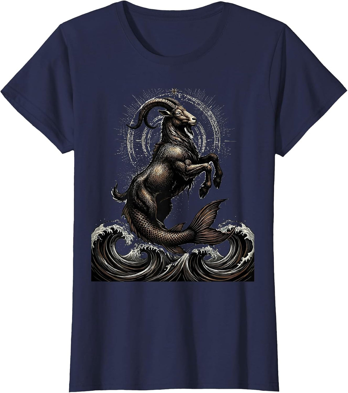 Women's Capricorn Sea-Goat Leaping Ocean Waves Zodiac T-Shirt - Navy Blue