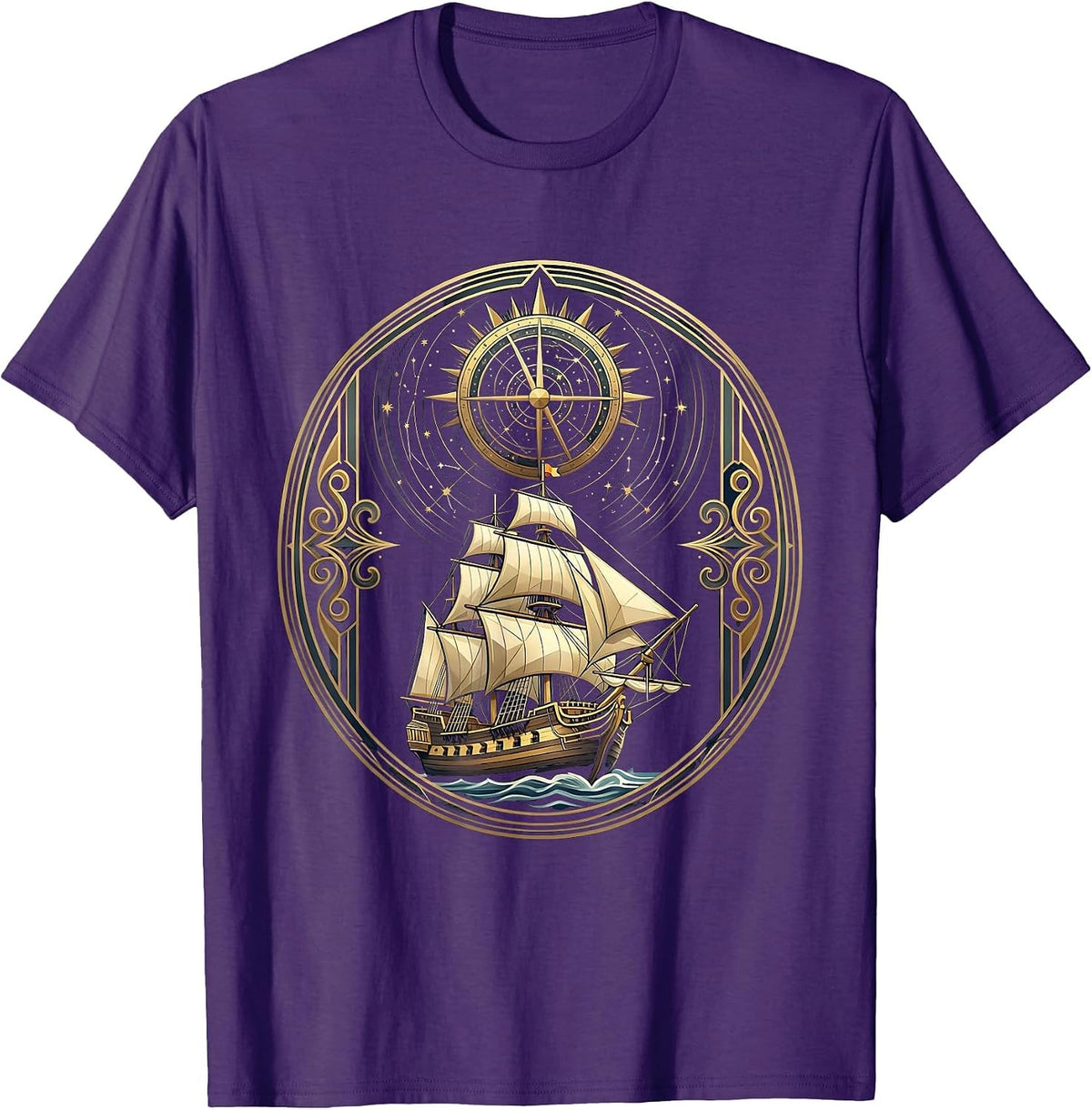 Renaissance Merchant Ship Starry Astrolabe Graphic T-Shirt - Purple