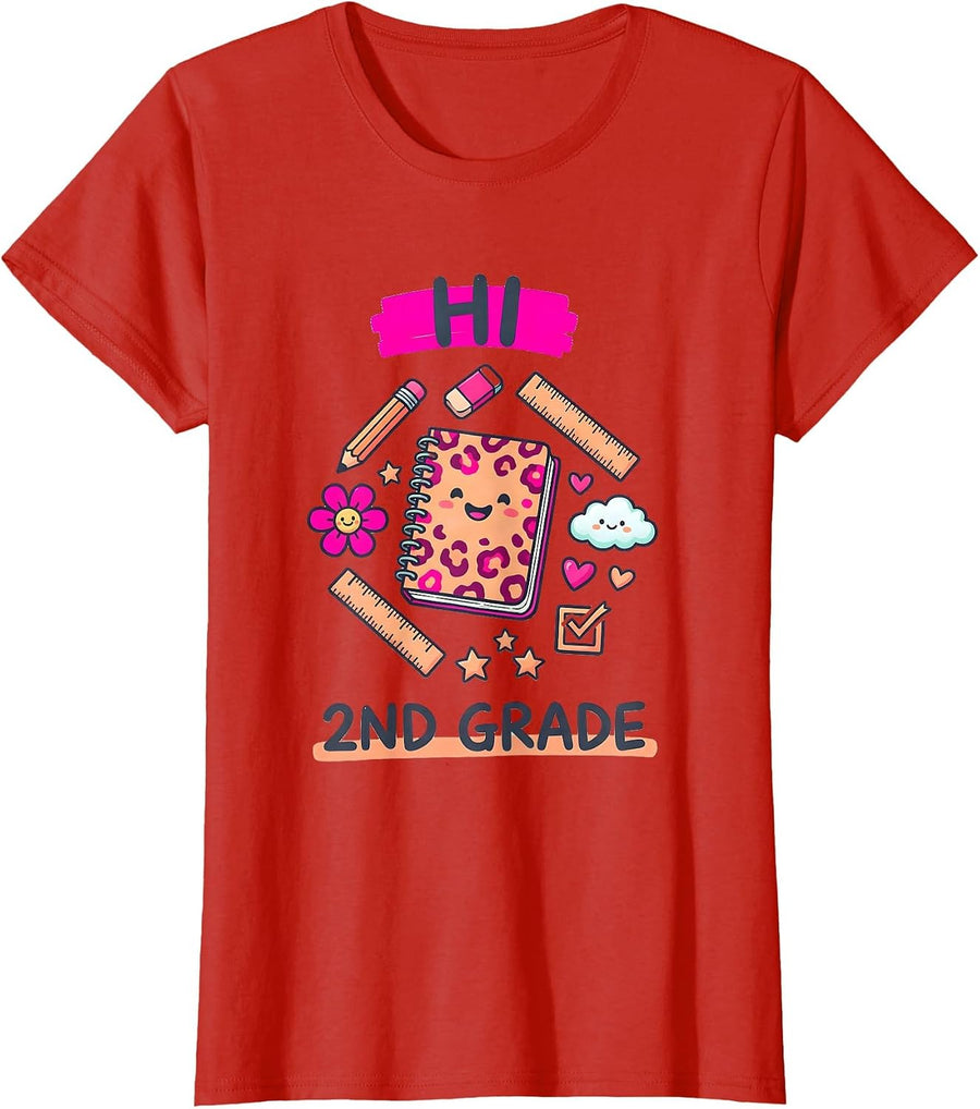 Women's Hi 2nd Grade Kawaii Leopard Back To School Teacher Girl T-Shirt - Red