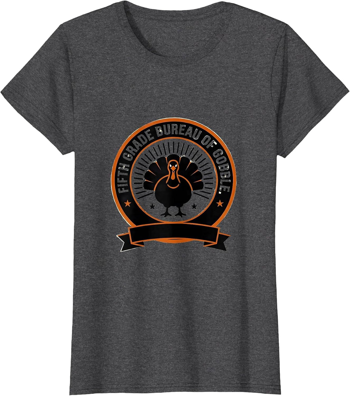 Women's Fifth Grade Bureau of Gobble Teacher Team Thanksgiving Crew T-Shirt - Dark Heather Grey