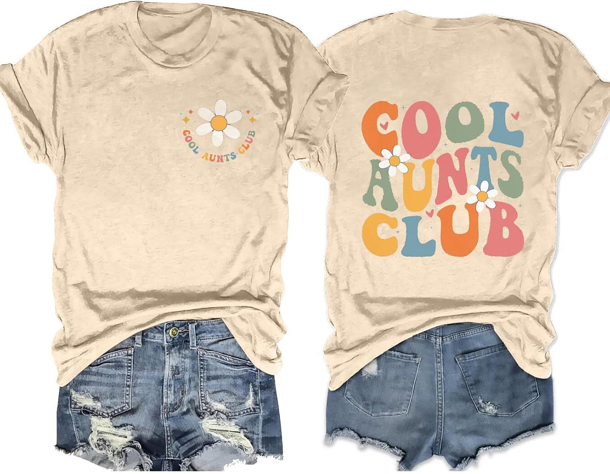Aunt Shirts for Women Cool Aunts Club T-Shirt Auntie Letter Print Tee Casual Short Sleeves Tops - Apricot