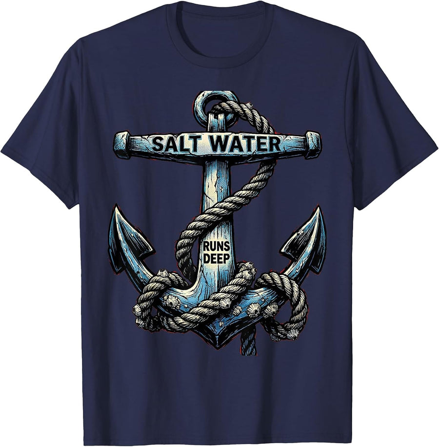 Salt Water Runs Deep Caribbean Design T-Shirt - Navy Blue