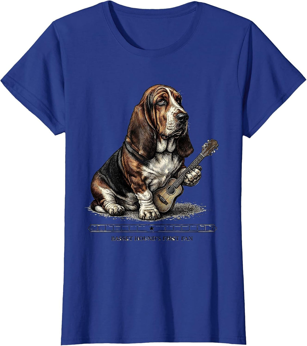 Women's Basset Hound's First Fan Crosshatch Etching Rock Music Dog T-Shirt - Royal Blue
