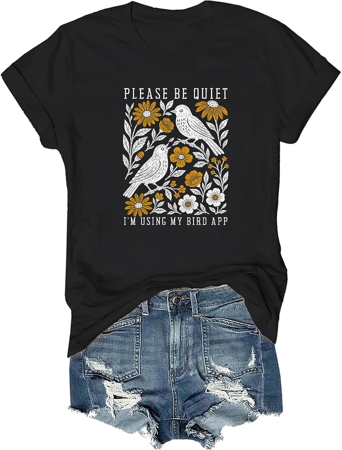 Please Be Quiet I'm Using My Bird App T-Shirt Bird Nerd Shirt Crew V Neck - Black