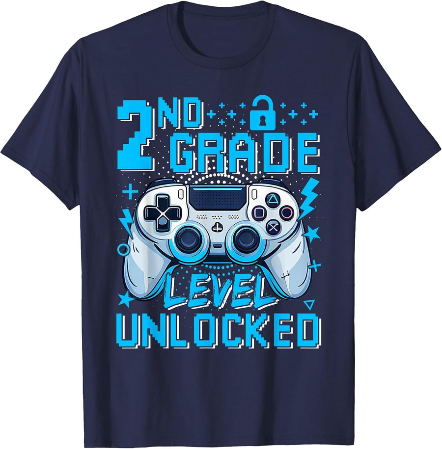 2nd Grade Level Unlocked Video Game First Day Boy Kid T-Shirt - Navy Blue