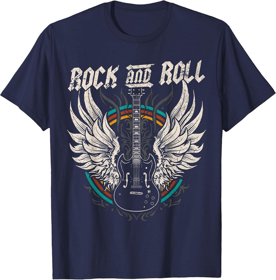Rock and Roll Guitar Vintage Rock Music T-Shirt - Navy Blue