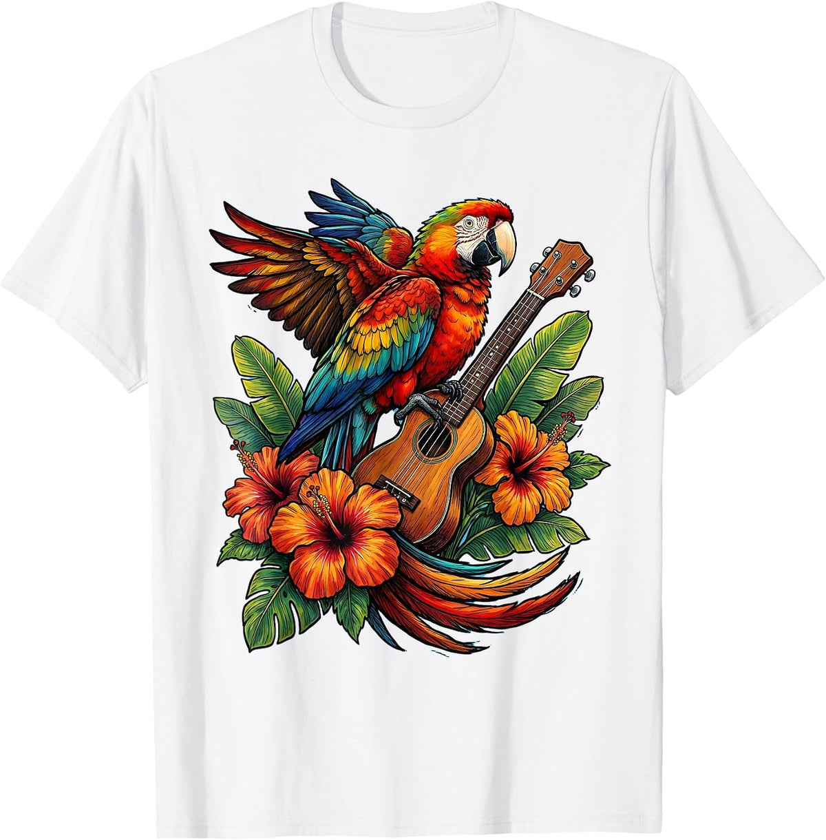 Men's Colorful Parrot on Ukulele Hawaiian Design T-Shirt - White
