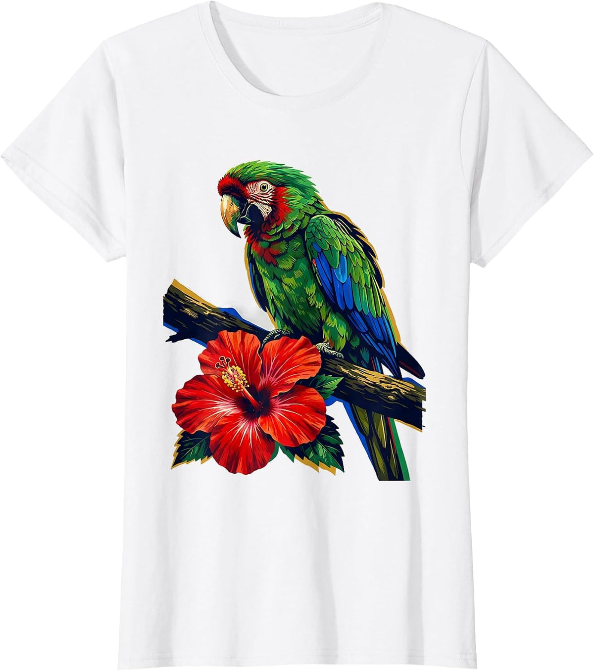 Puerto Rican Parrot and Hibiscus Illustration T-Shirt - White