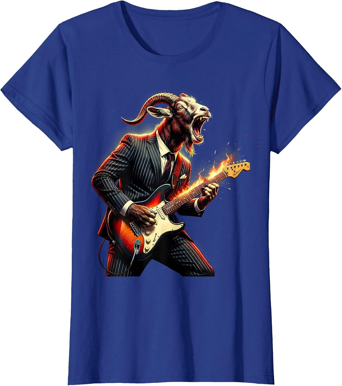 Women's Goat in a Suit Shredding Electric Guitar T-Shirt - Royal Blue