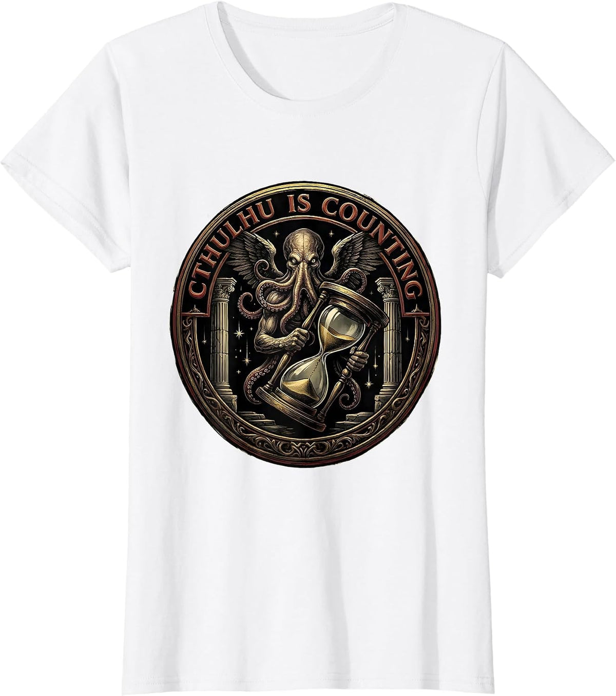 Women's Cthulhu Is Counting Cosmic Horror Parody Emblem T-Shirt - White
