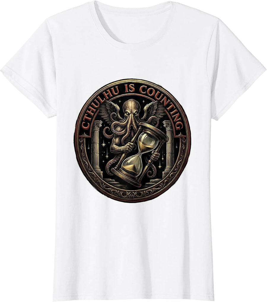 Women's Cthulhu Is Counting Cosmic Horror Parody Emblem T-Shirt - White