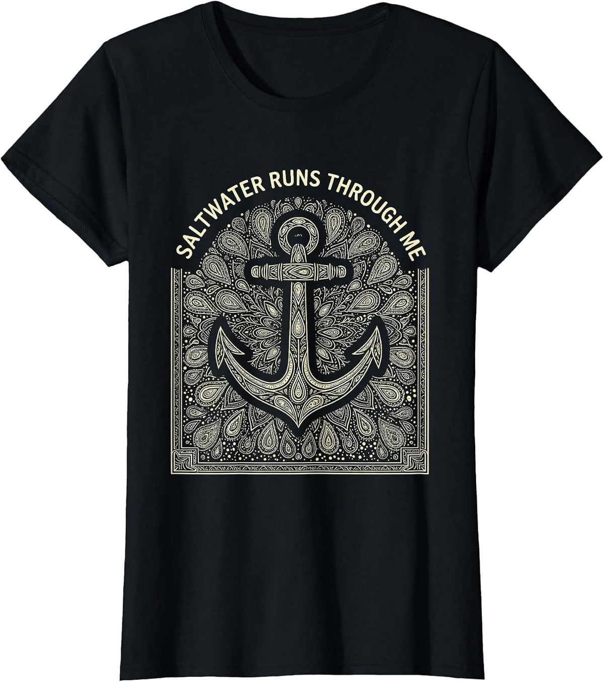 Women's Saltwater Runs Through Me Navy Ocean Design T-Shirt - Black