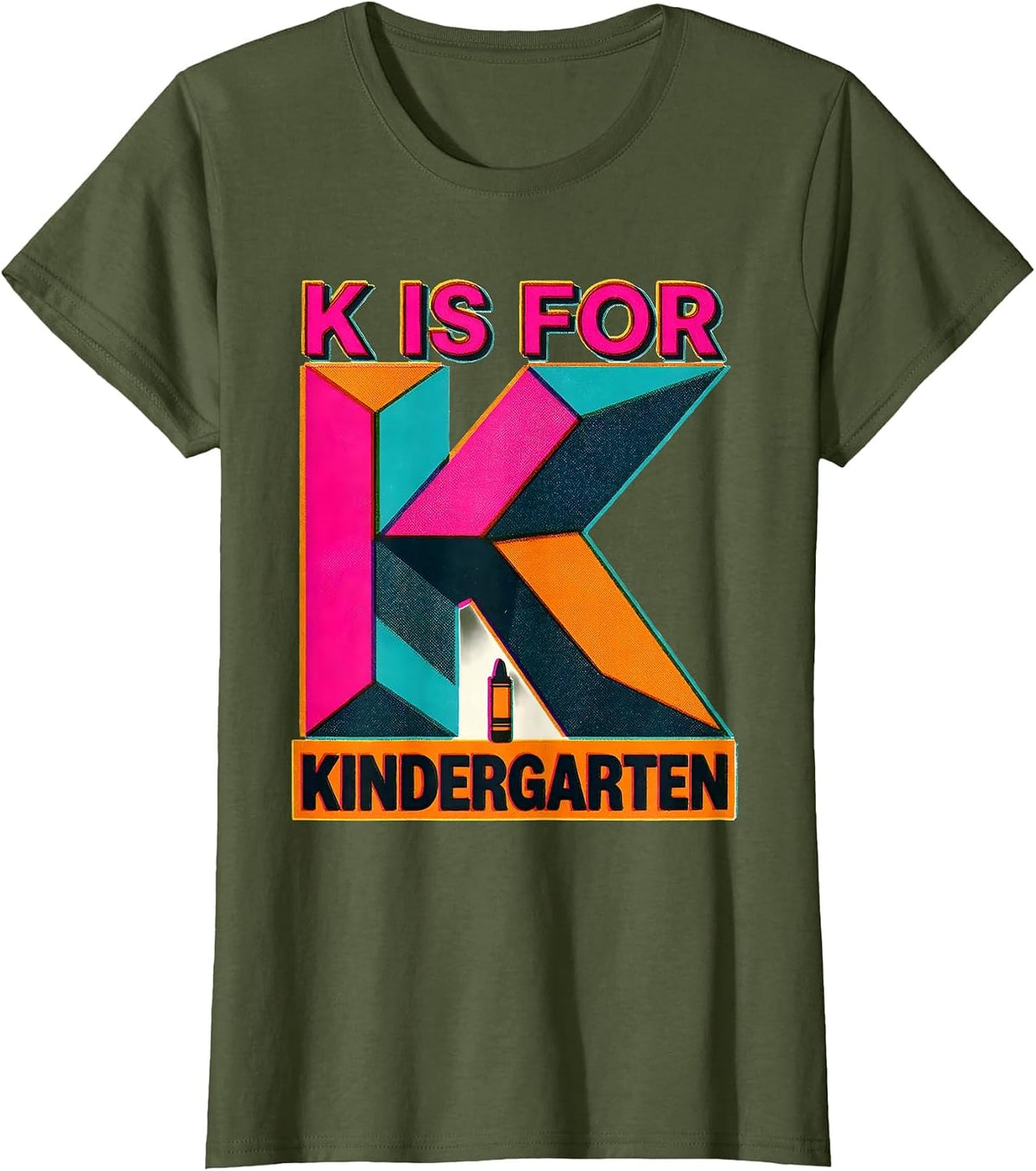 Women's K Is For Kindergarten Teacher Risograph Back To School T-Shirt - Olive Green