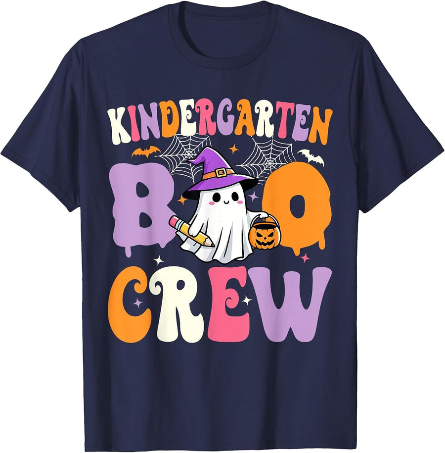 Halloween Teacher Shirts Kindergarten Boo Crew Spooky T-Shirt Tee for Teachers - Navy Blue