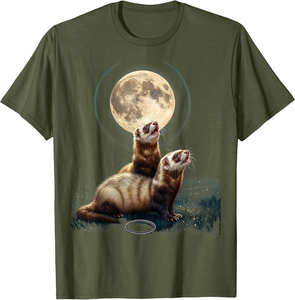 Men's Three Ferrets Howling At The Moon Funny Parody T-Shirt - Olive Green