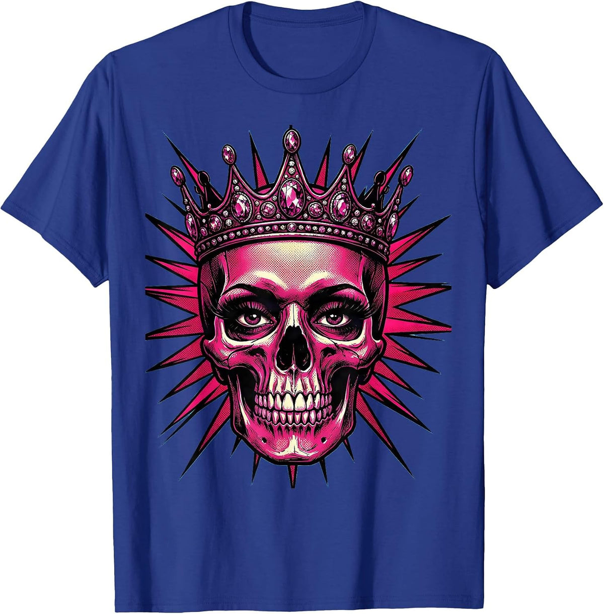 Skull Queen Spiked Tiara Rock Crown Design T-Shirt - Royal Blue