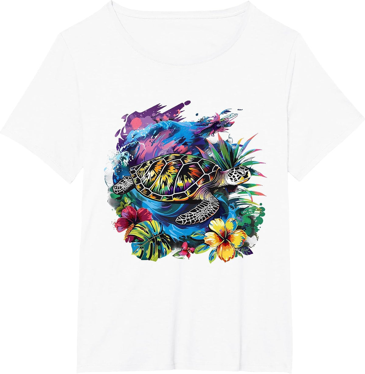 Sea Turtle Floral Artwork Marine Mammal Sea Ocean Animal T-Shirt - White
