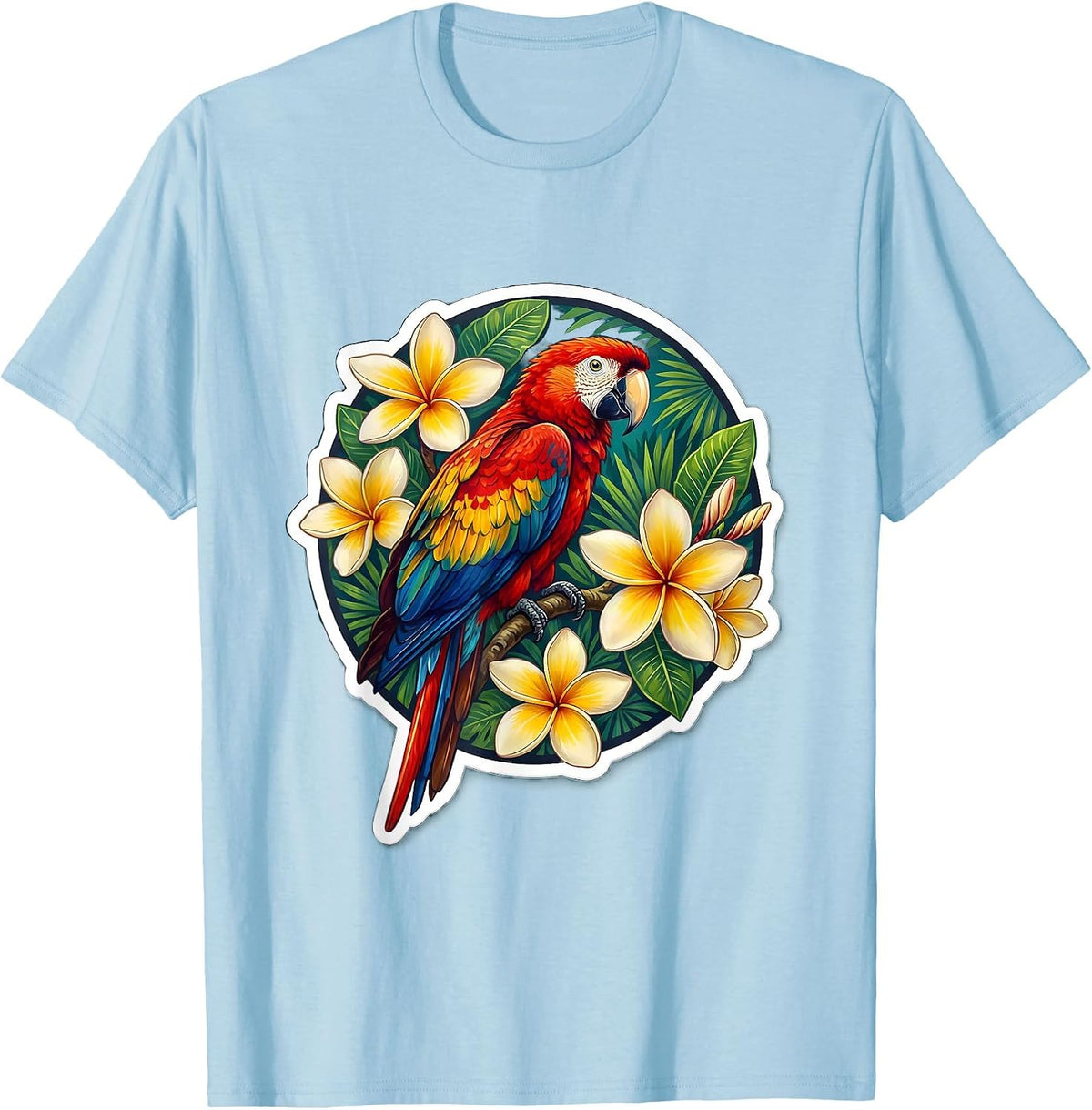 Men's Macaw Parrot Plumeria Hawaiian Floral Design T-Shirt - Baby Blue