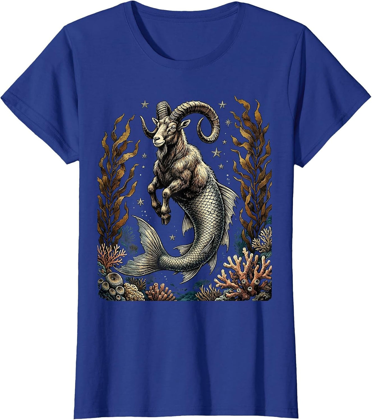 Women's Capricorn Zodiac Deep Sea Fish-Tailed Goat T-Shirt - Royal Blue