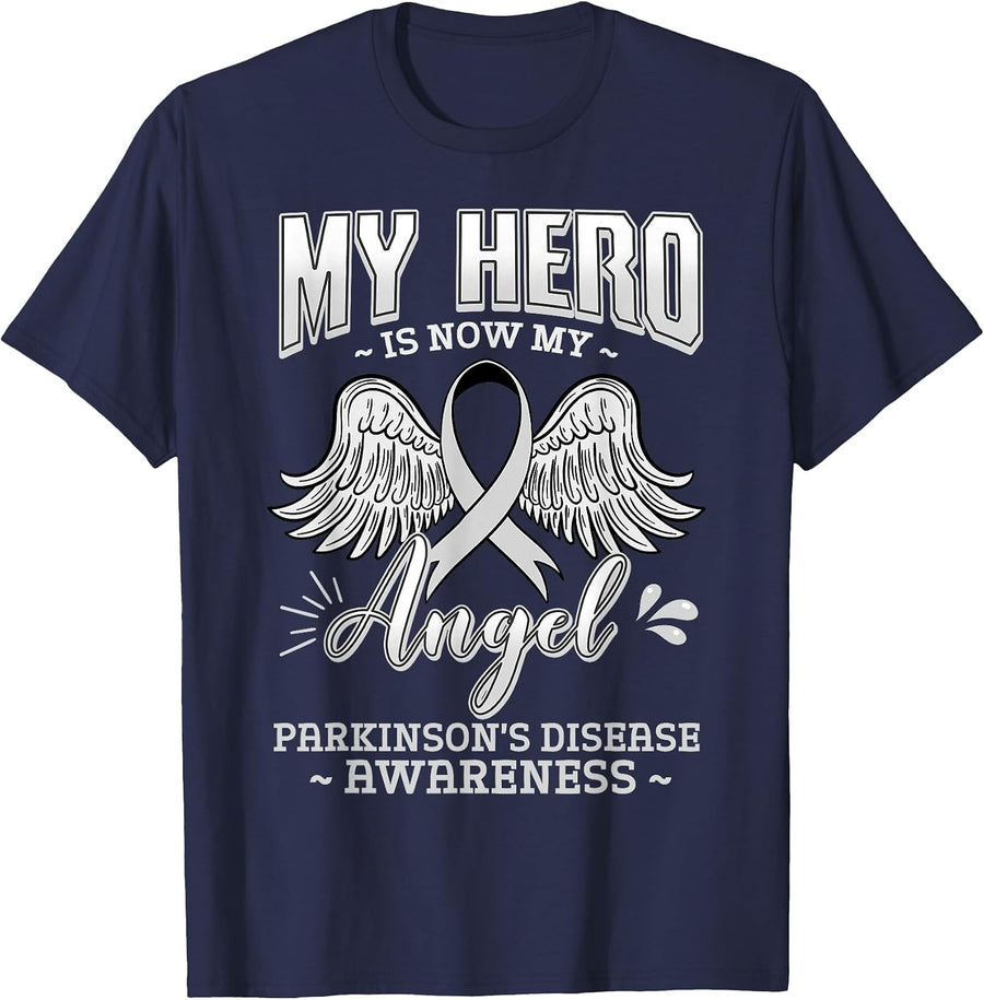 My Hero is Now My Angel Parkinson's Disease Grey Ribbon T-Shirt - Navy Blue