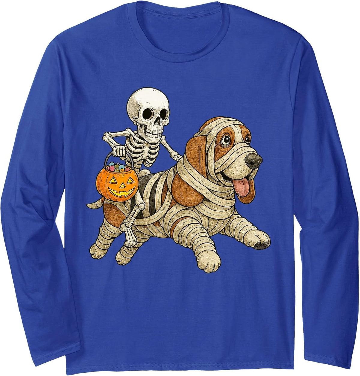 Skeleton Riding Mummy Basset Hound Dog Halloween Funny Long Sleeve T-Shirt - Adult Unisex Royal Blue