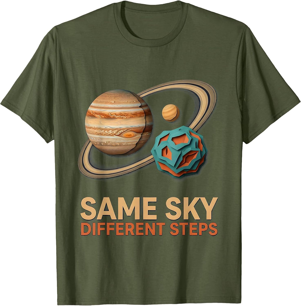 Same Sky Different Steps Paper Cutout Neurodiverse Universe T-Shirt - Olive Green